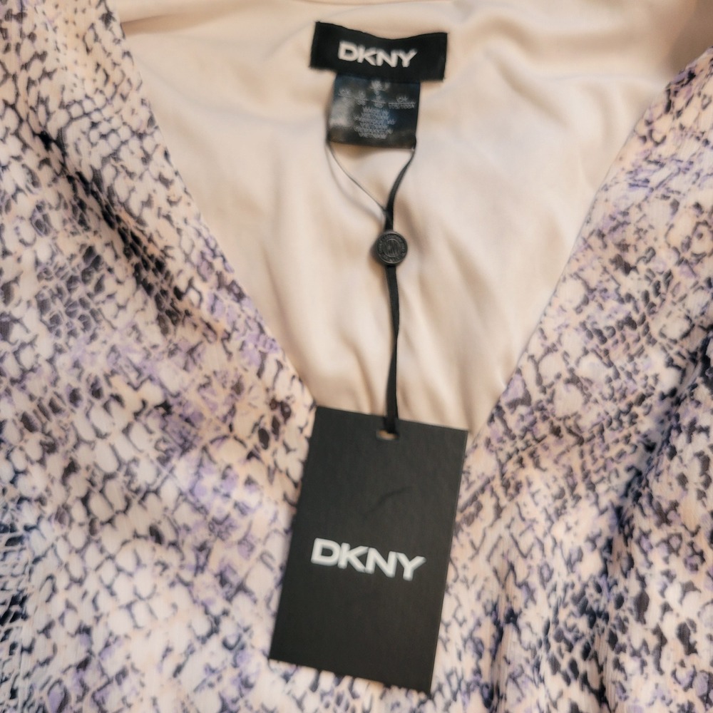 DKNY Flutter Sleeve Dress 8 Navy Pink Snakeskin Print Smocked Waist NWT - Picture 5 of 16